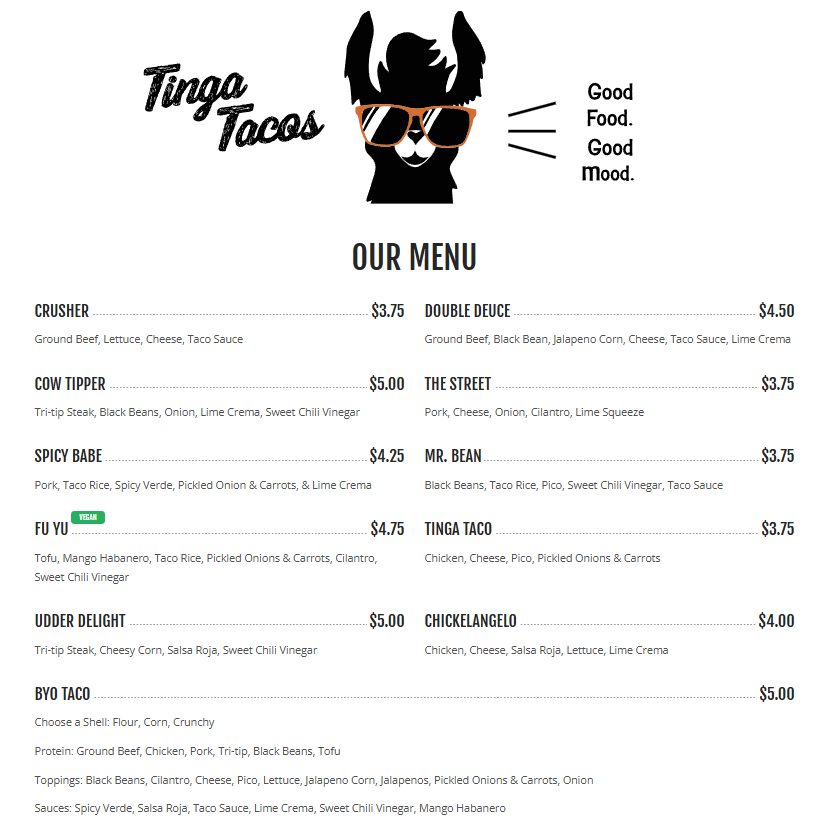 Tinga Tacos menu
