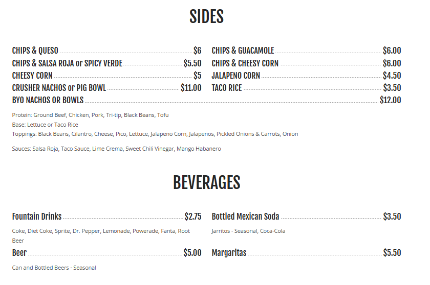 Tinga Tacos menu